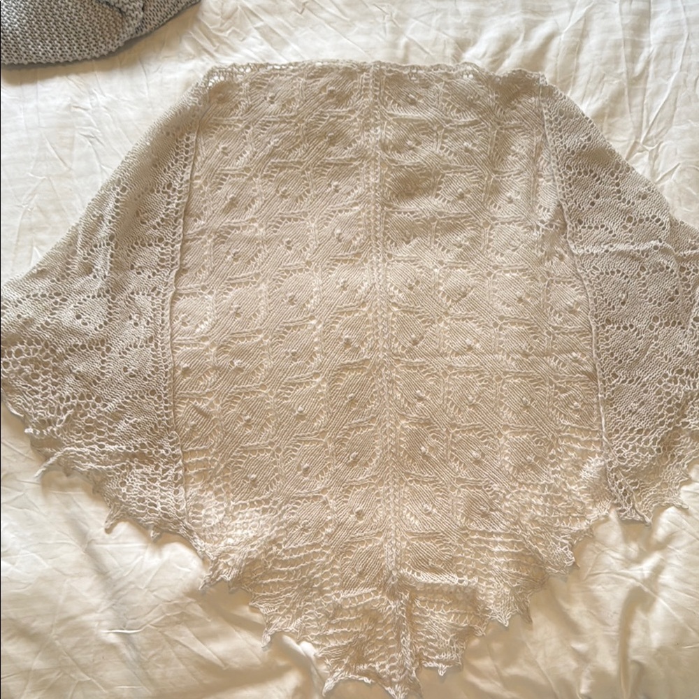 Hand Made Cream Grey Crochet Knit Shawl Scarf